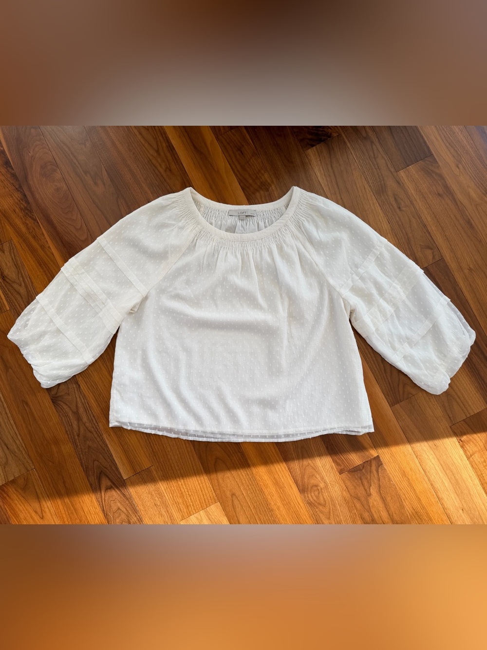 LOFT Ivory White Swiss Dot Smocked Peasant Blouse Tiered Balloon Sleeve Size XLP
